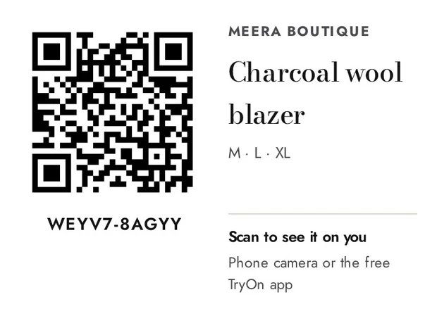 QR hang tag for a charcoal wool blazer