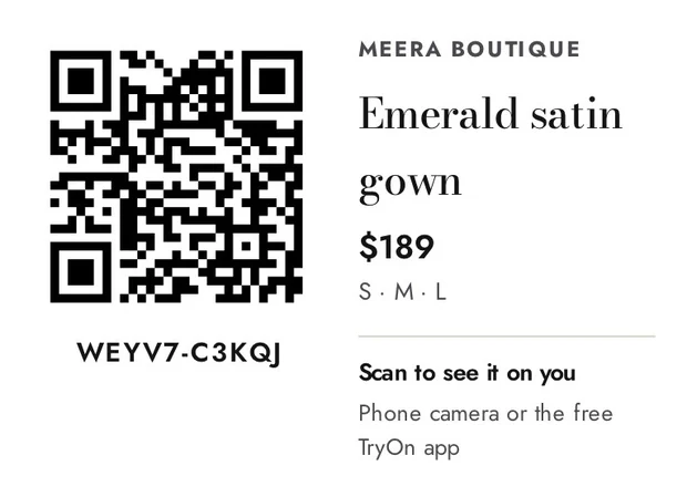 QR hang tag for an emerald satin gown, printed by TryOn Business