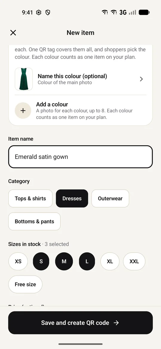 Adding an emerald satin gown in TryOn Business with category and sizes