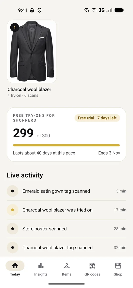 Today screen with free try-on balance and live activity feed