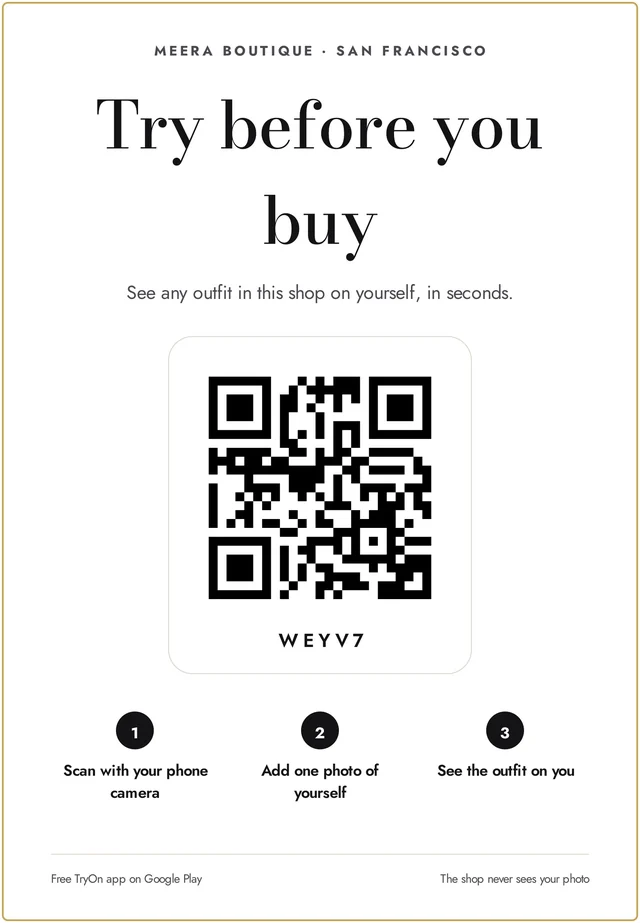 Store poster: Try before you buy, with a QR code and three steps
